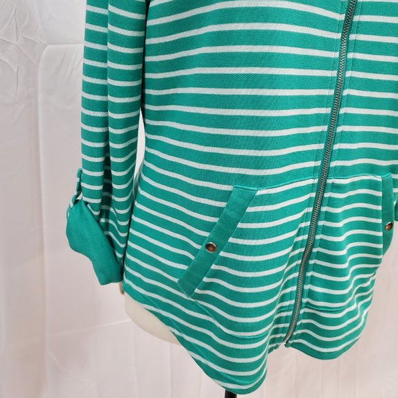 NWT Women's XL Hoodie Style & Co Sport Green White Stripe Zip Snap Pocket Sleeve - Picture 3 of 11